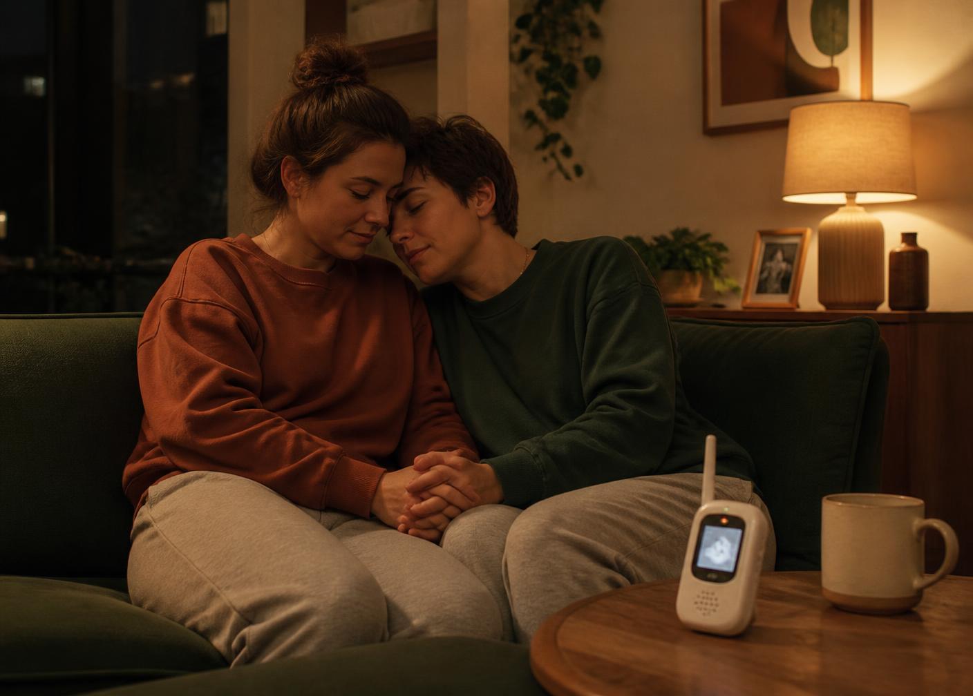 Casal de mulheres no sofá à noite, cansadas e de mãos dadas