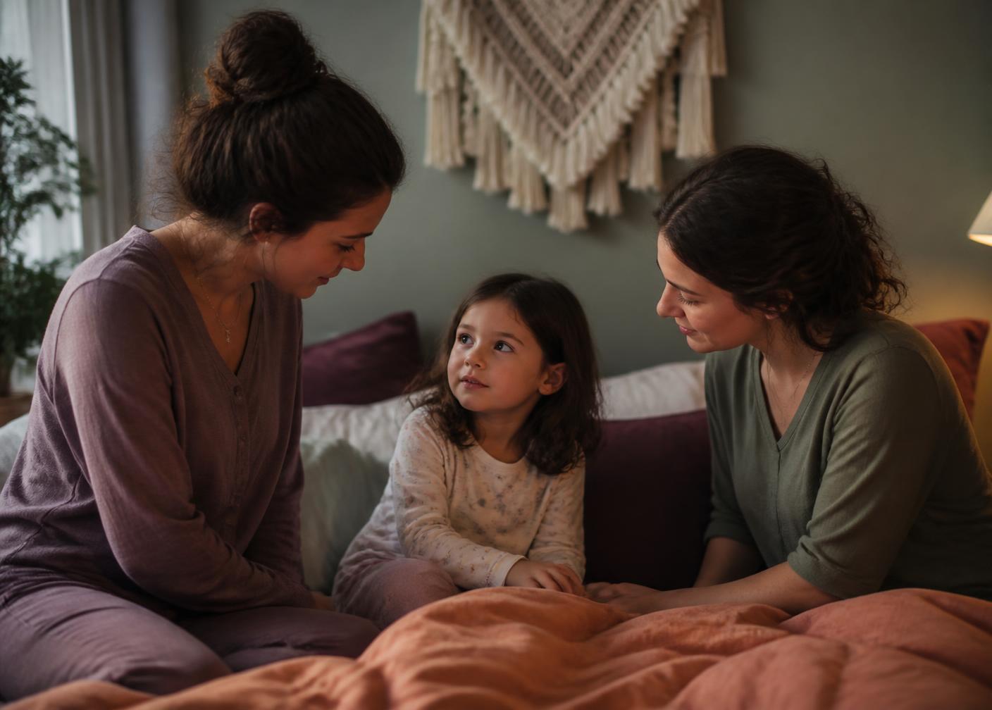 Duas mães conversando com a filha na hora de dormir