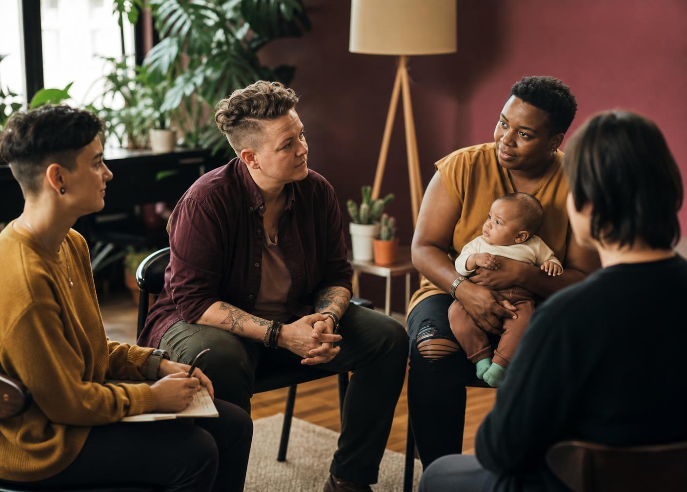 Roda de conversa entre pais e mães LGBT com um bebê no colo