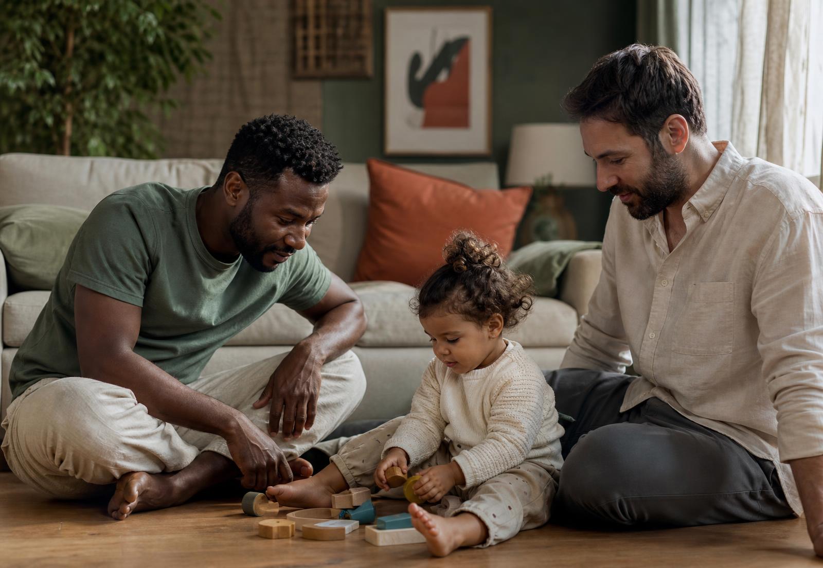 Dois pais brincando com a filha na sala de casa