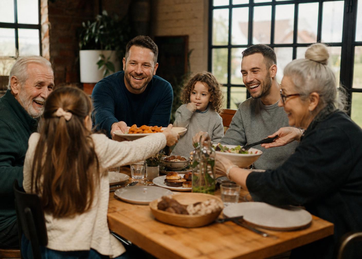 Almoço em família com avós, dois pais e crianças