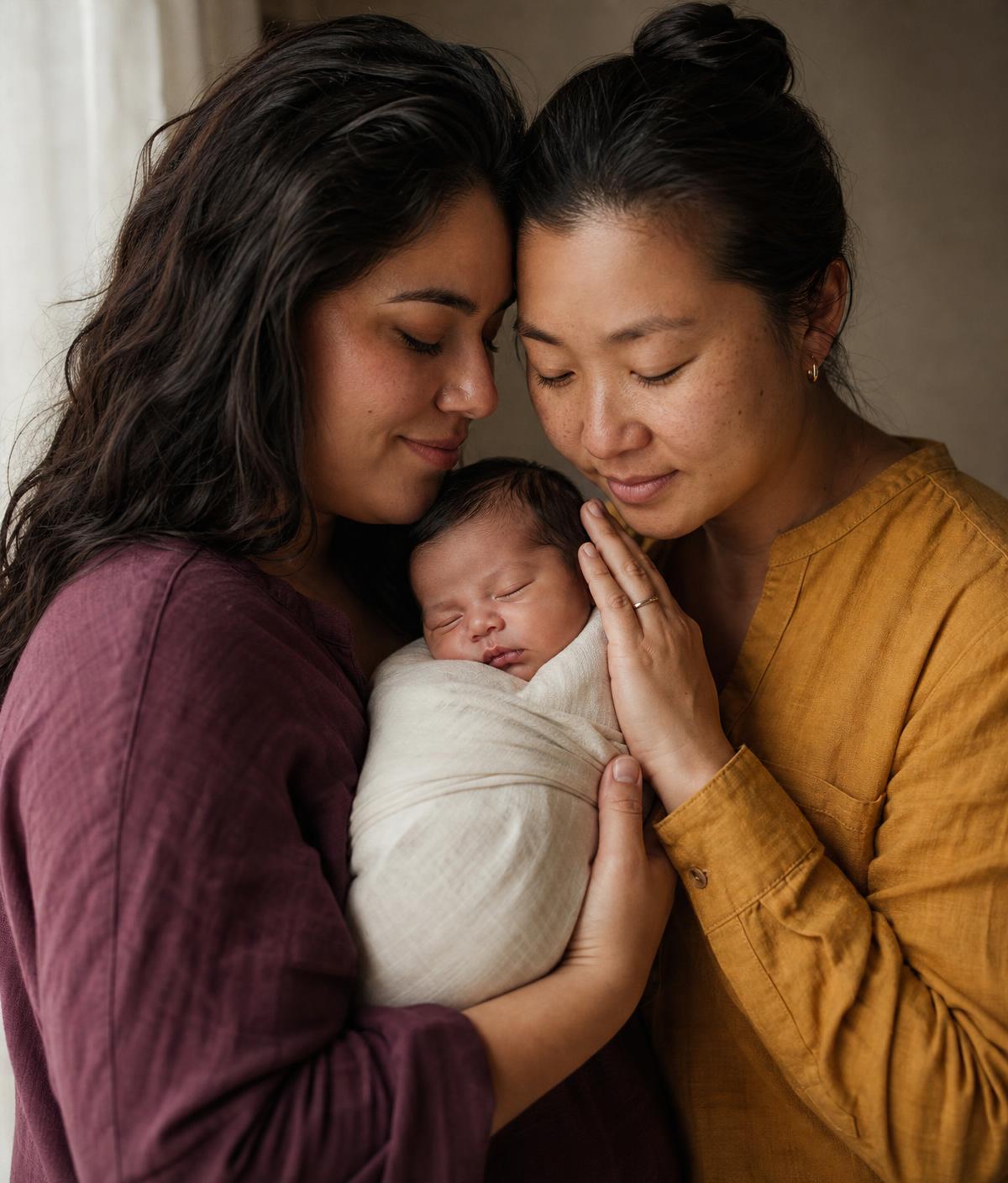 Duas mães segurando seu bebê recém-nascido